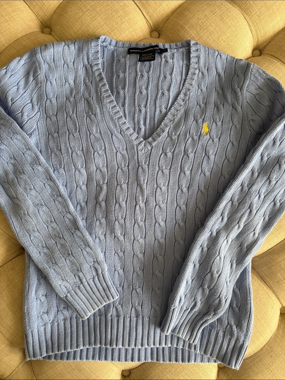 Ralph Lauren Light Blue Cable-Knit V-Neck Sweater with Yellow Pony